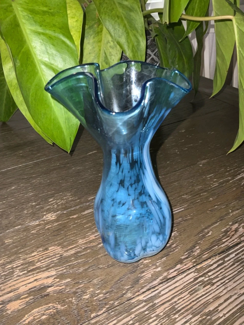 Lefton Blue and White Ruffled Art Glass Vase 7”